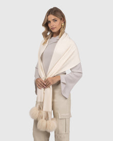 Select Cashmere Stole With Select Lamb Pompoms | Ivory