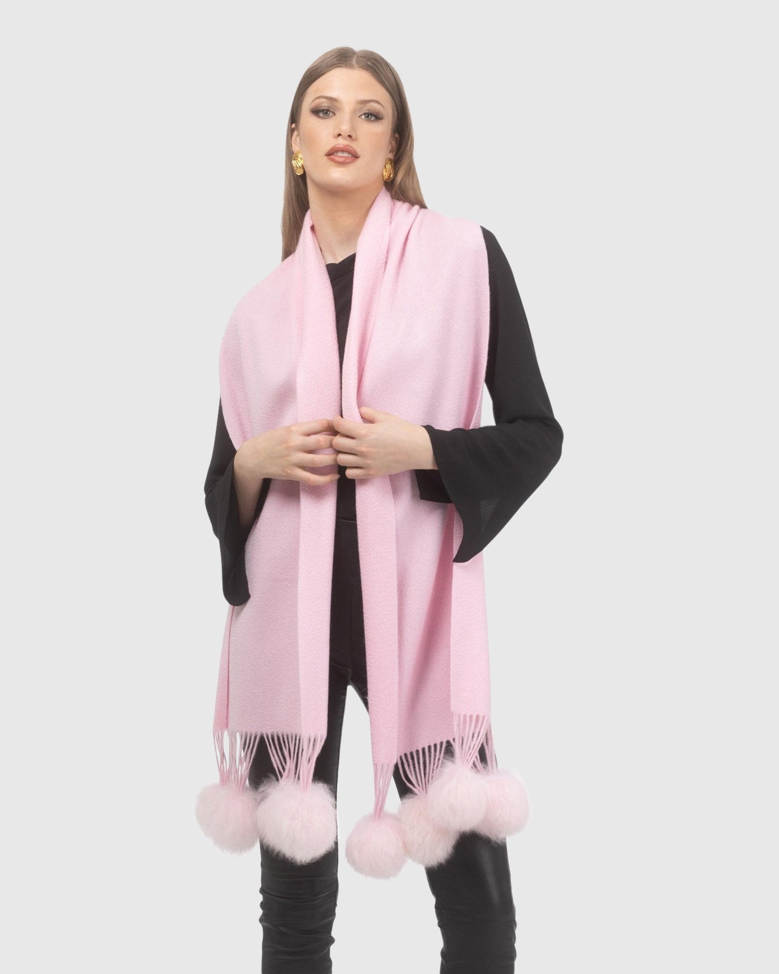 Select Cashmere Stole With Select Lamb Pompoms | Light Pink