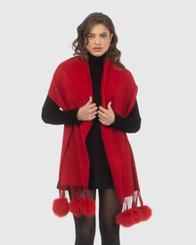 Select Cashmere Stole With Select Lamb Pompoms | Red