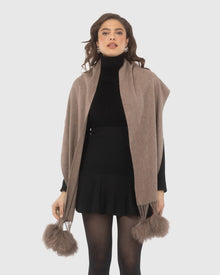 Select Cashmere Stole With Select Lamb Pompoms | Khaki Taupe