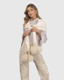 Select Cashmere Stole With Select Lamb Pompoms | Ivory