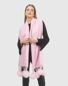 Select Cashmere Stole With Select Lamb Pompoms | Light Pink