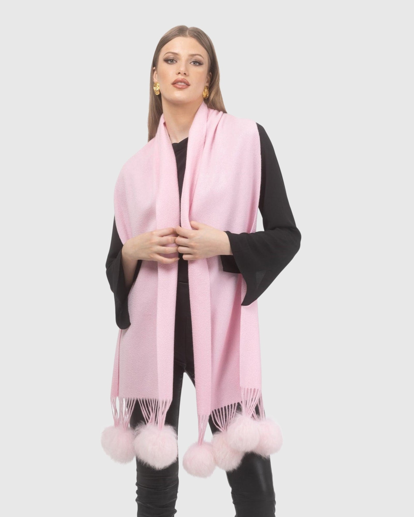 Select Cashmere Stole With Select Lamb Pompoms | Light Pink