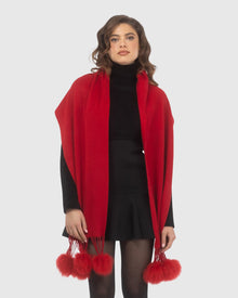 Select Cashmere Stole With Select Lamb Pompoms | Red