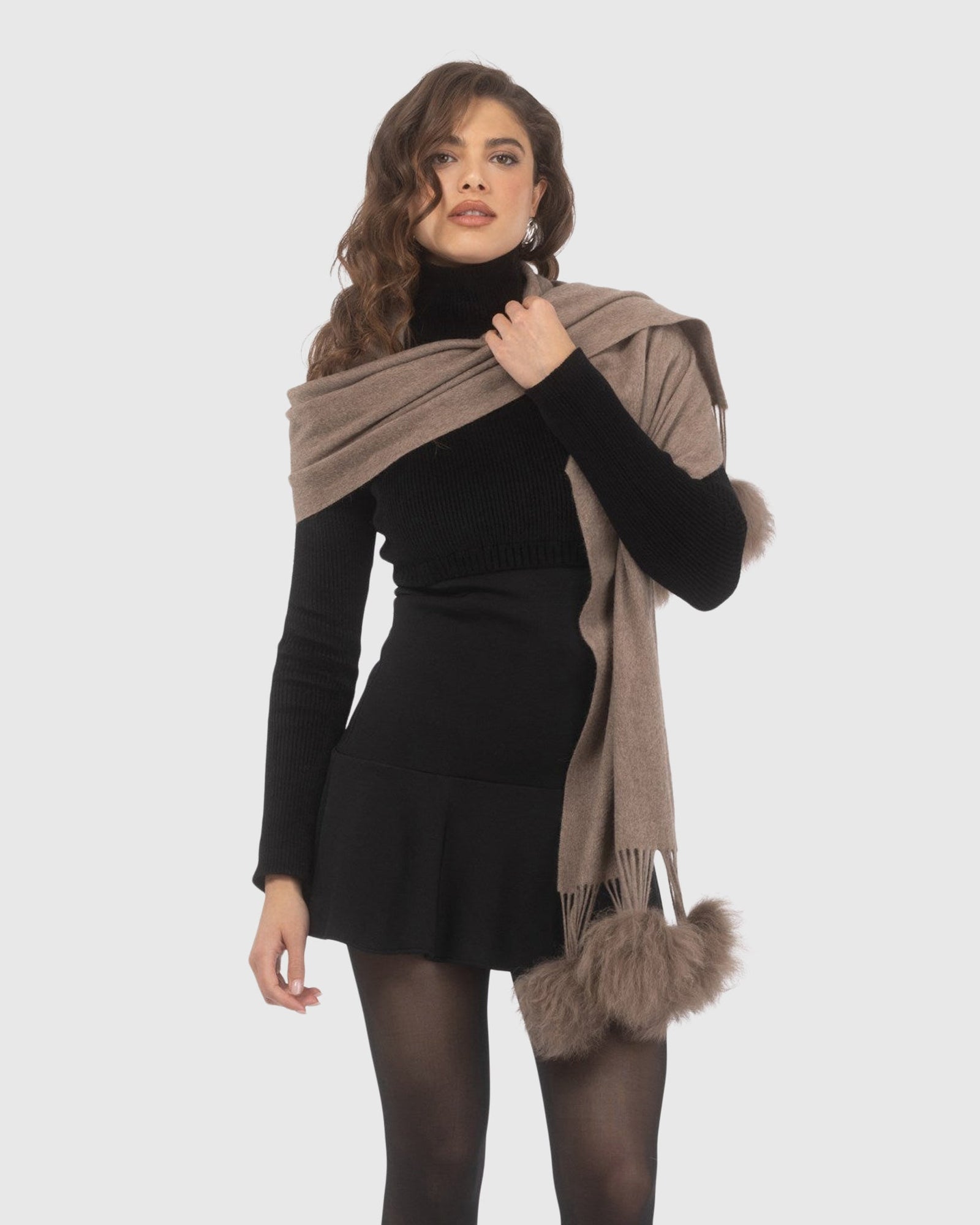 Select Cashmere Stole With Select Lamb Pompoms | Khaki Taupe