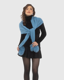 Select Cashmere Stole With Select Lamb Pompoms | Blue