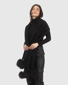 Select Cashmere Stole With Select Lamb Pompoms | Black