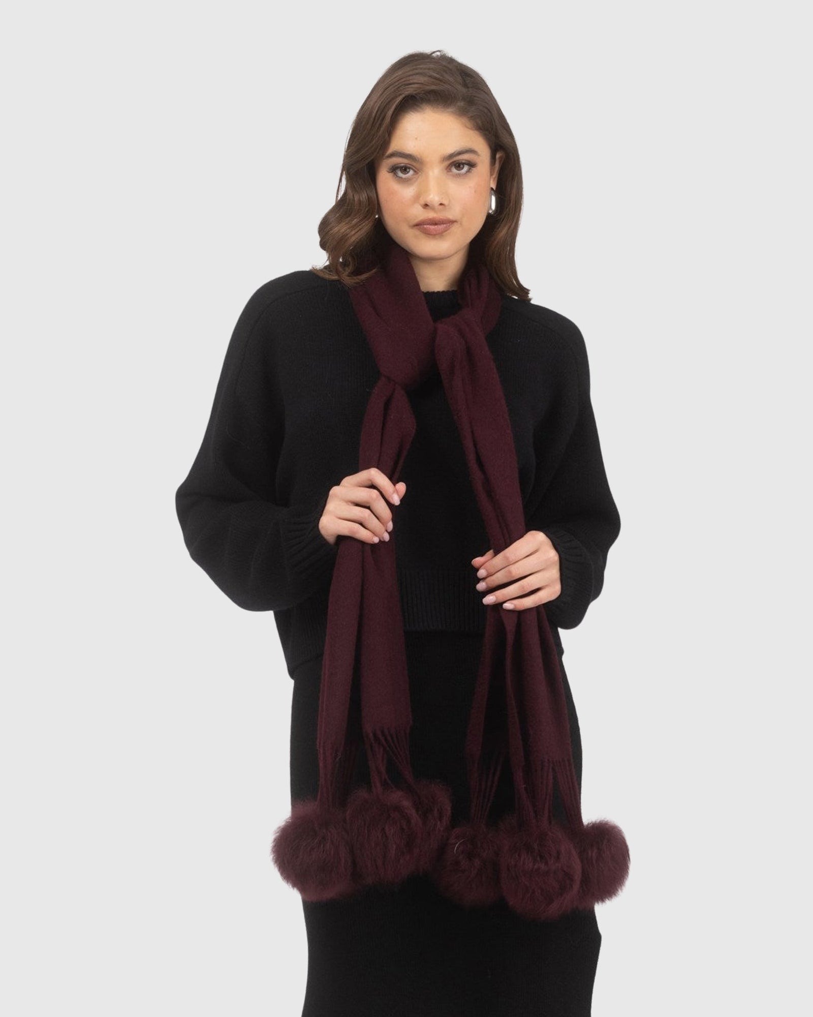 Select Cashmere Stole With Select Lamb Pompoms | Burgundy
