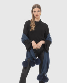 Select Cashmere Stole With Select Lamb Pompoms | Dark Blue