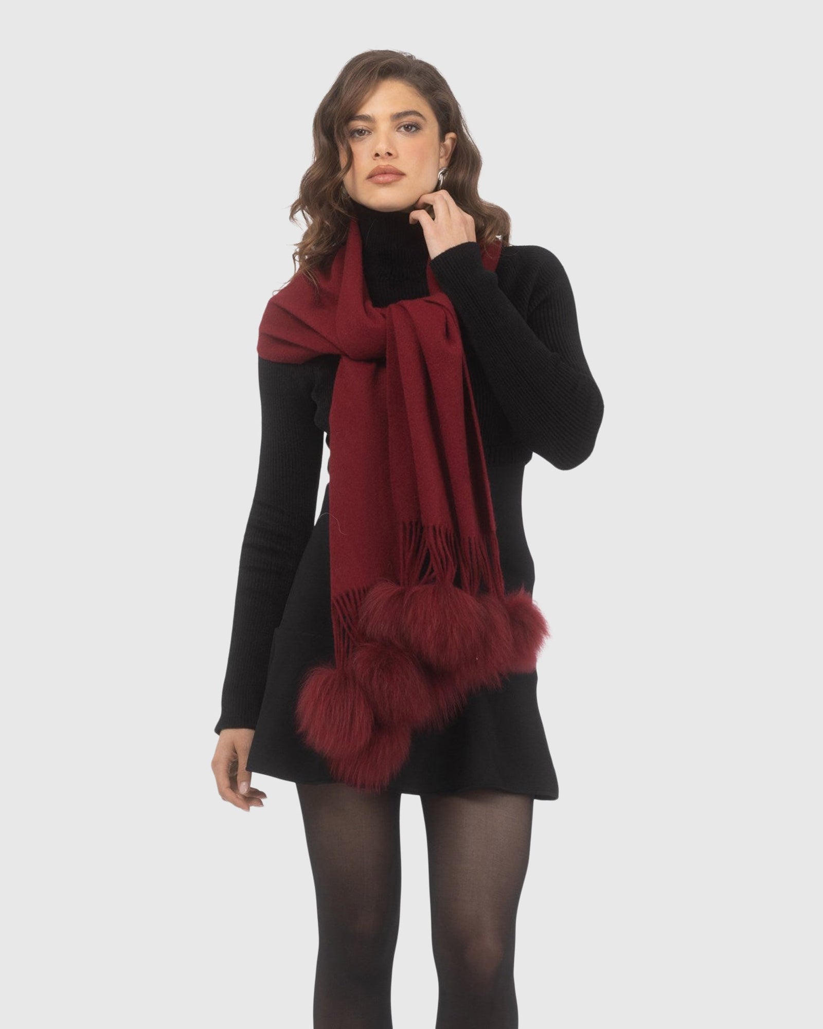 Select Cashmere Stole With Select Lamb Pompoms | Wine