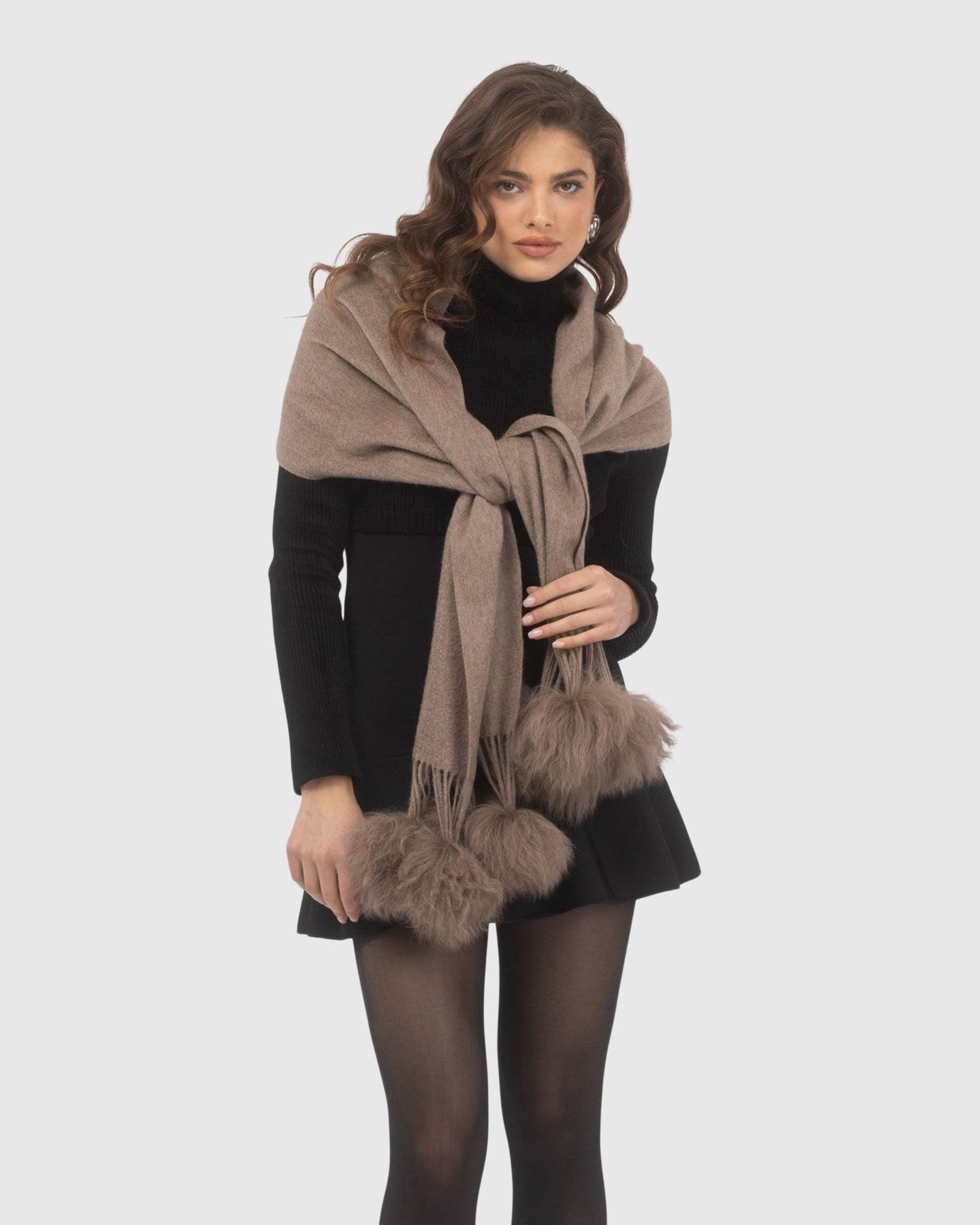 Select Cashmere Stole With Select Lamb Pompoms | Khaki Taupe