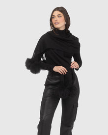Select Cashmere Stole With Select Lamb Pompoms | Black