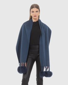 Select Cashmere Stole With Select Lamb Pompoms | Dark Blue