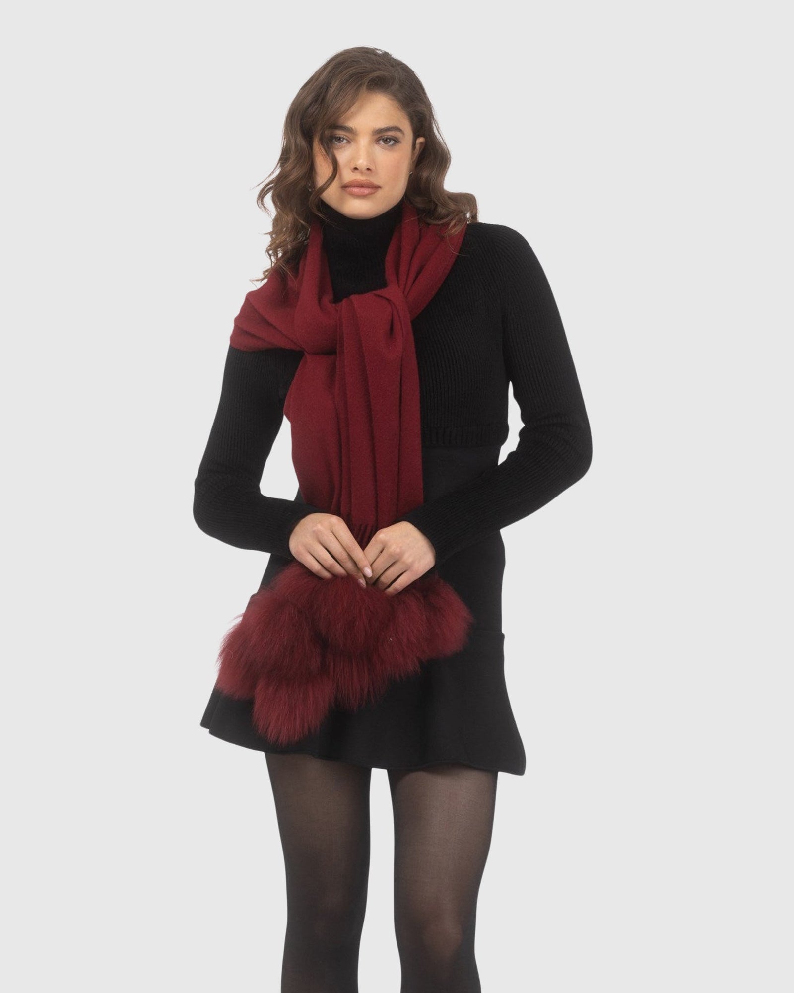 Select Cashmere Stole With Select Lamb Pompoms | Wine