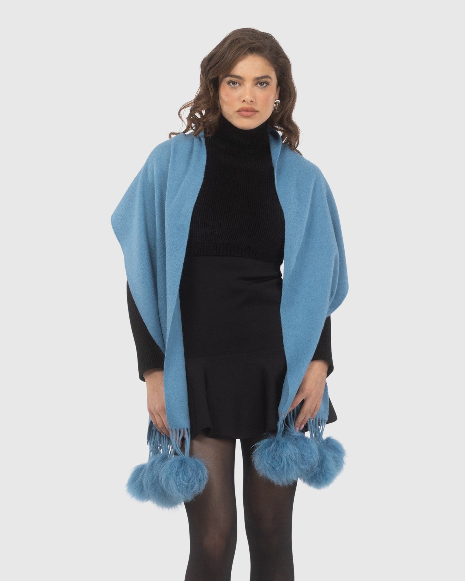 Select Cashmere Stole With Select Lamb Pompoms | Blue