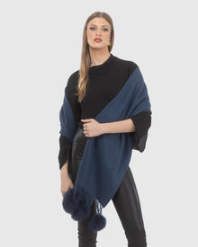 Select Cashmere Stole With Select Lamb Pompoms | Dark Blue