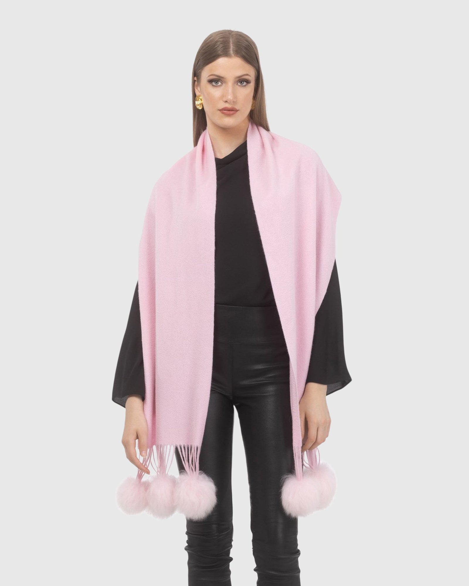 Select Cashmere Stole With Select Lamb Pompoms | Light Pink