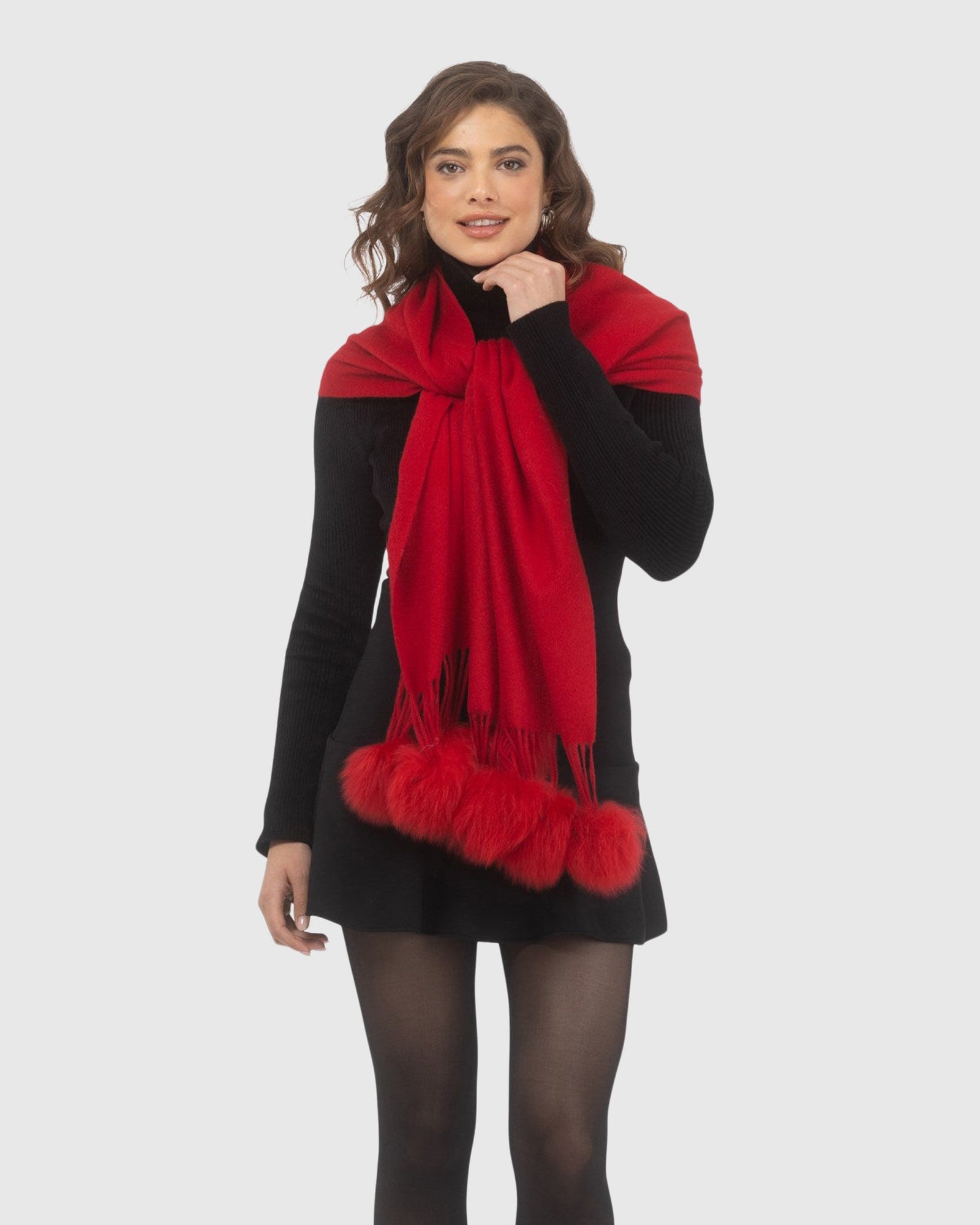 Select Cashmere Stole With Select Lamb Pompoms | Red