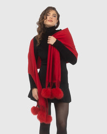 Select Cashmere Stole With Select Lamb Pompoms | Red
