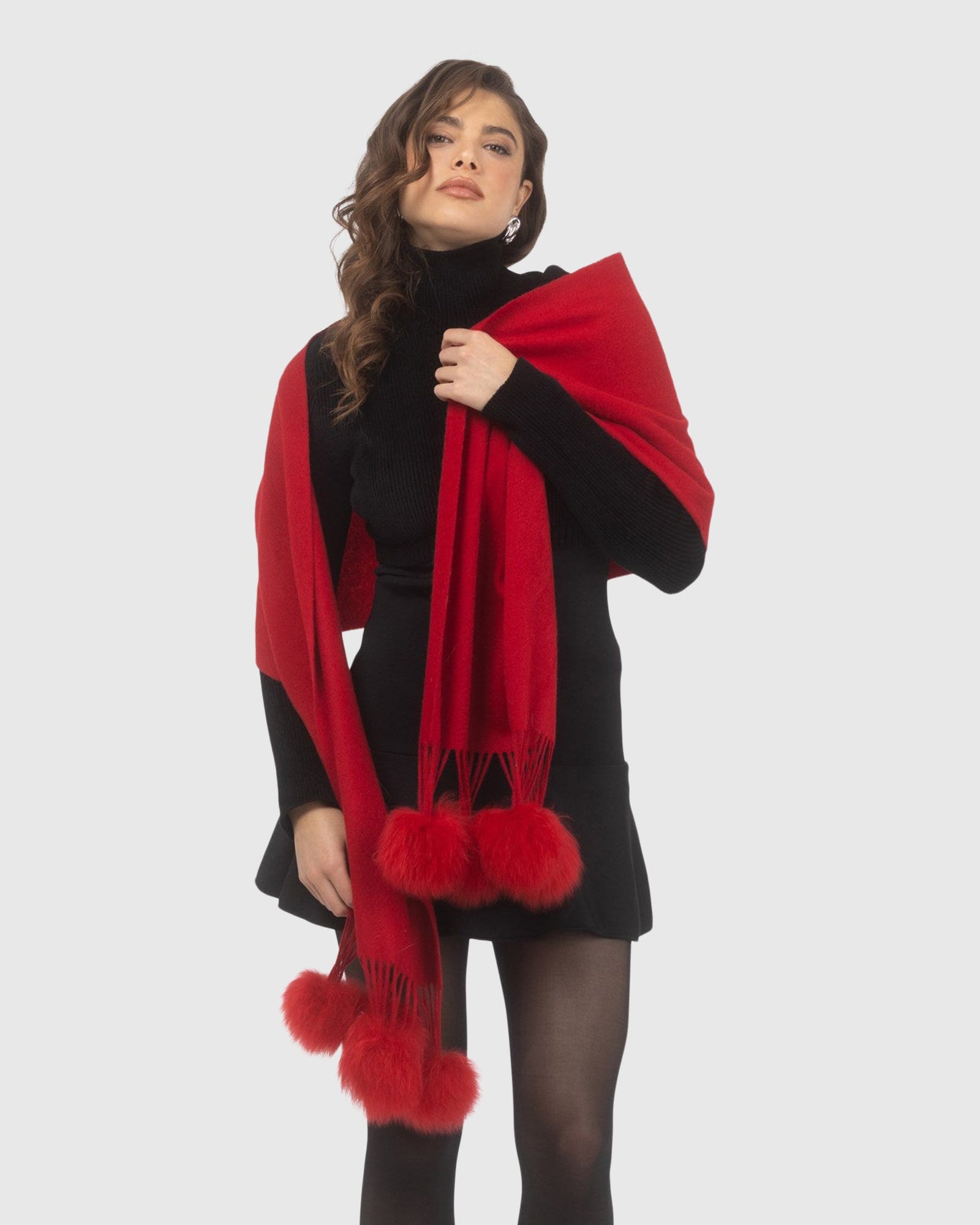 Select Cashmere Stole With Select Lamb Pompoms | Red