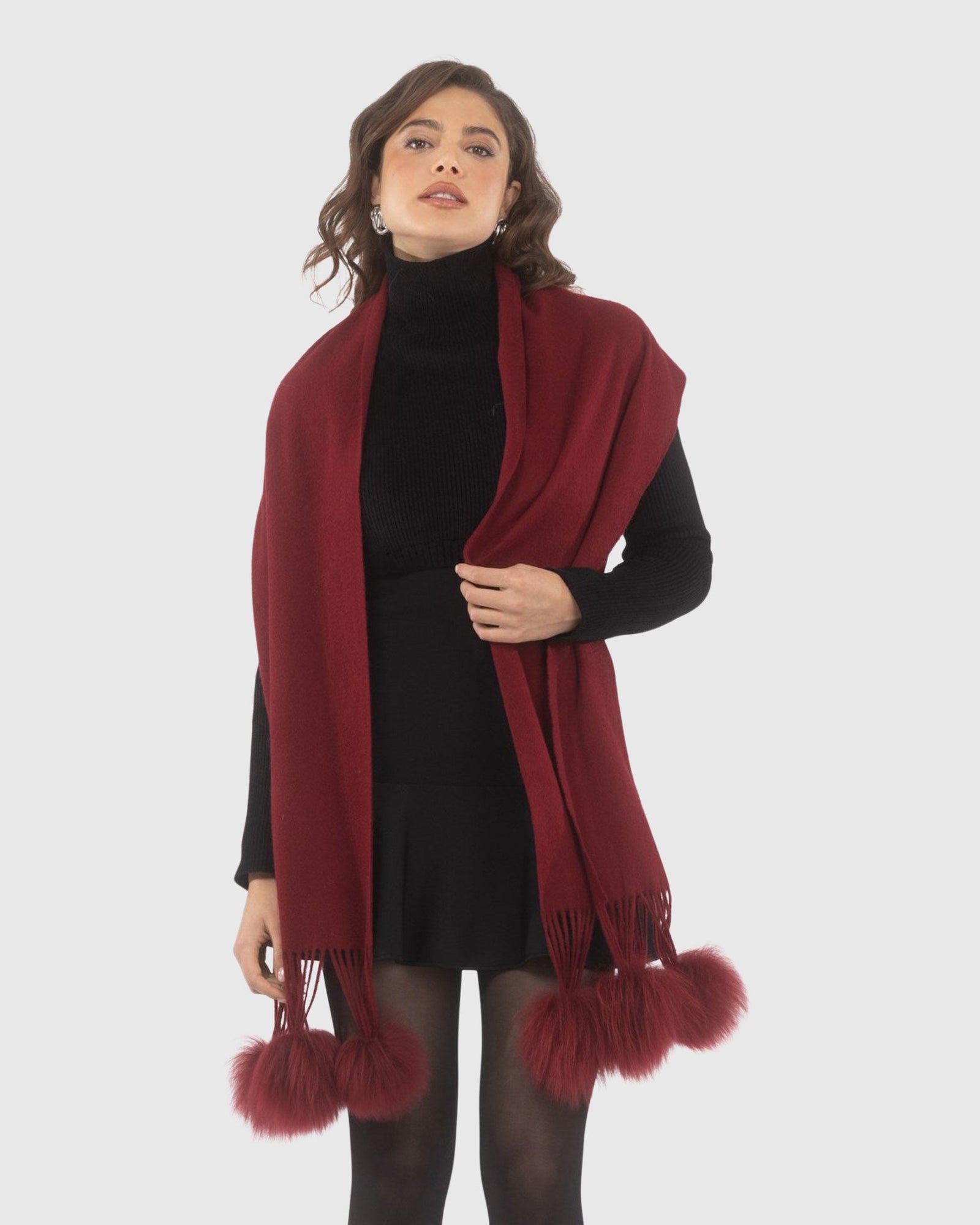 Select Cashmere Stole With Select Lamb Pompoms | Wine