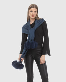 Select Cashmere Stole With Select Lamb Pompoms | Dark Blue