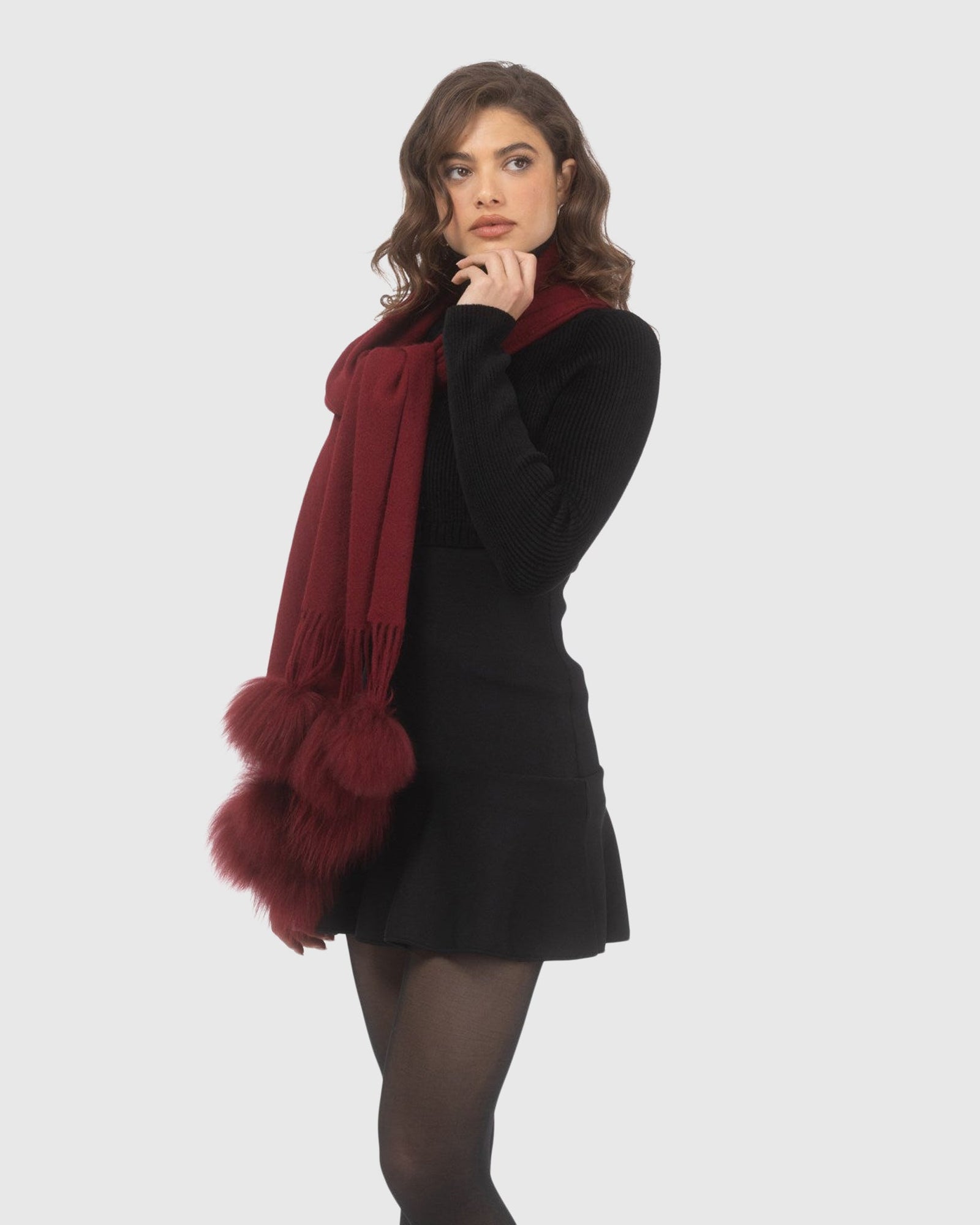 Select Cashmere Stole With Select Lamb Pompoms | Wine