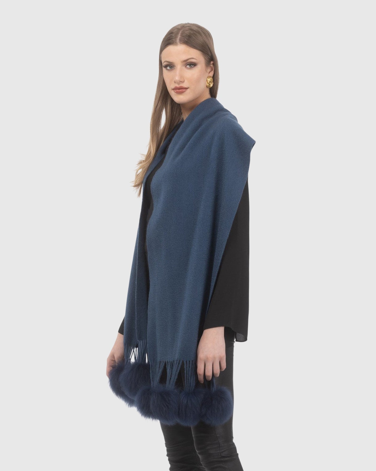 Select Cashmere Stole With Select Lamb Pompoms | Dark Blue
