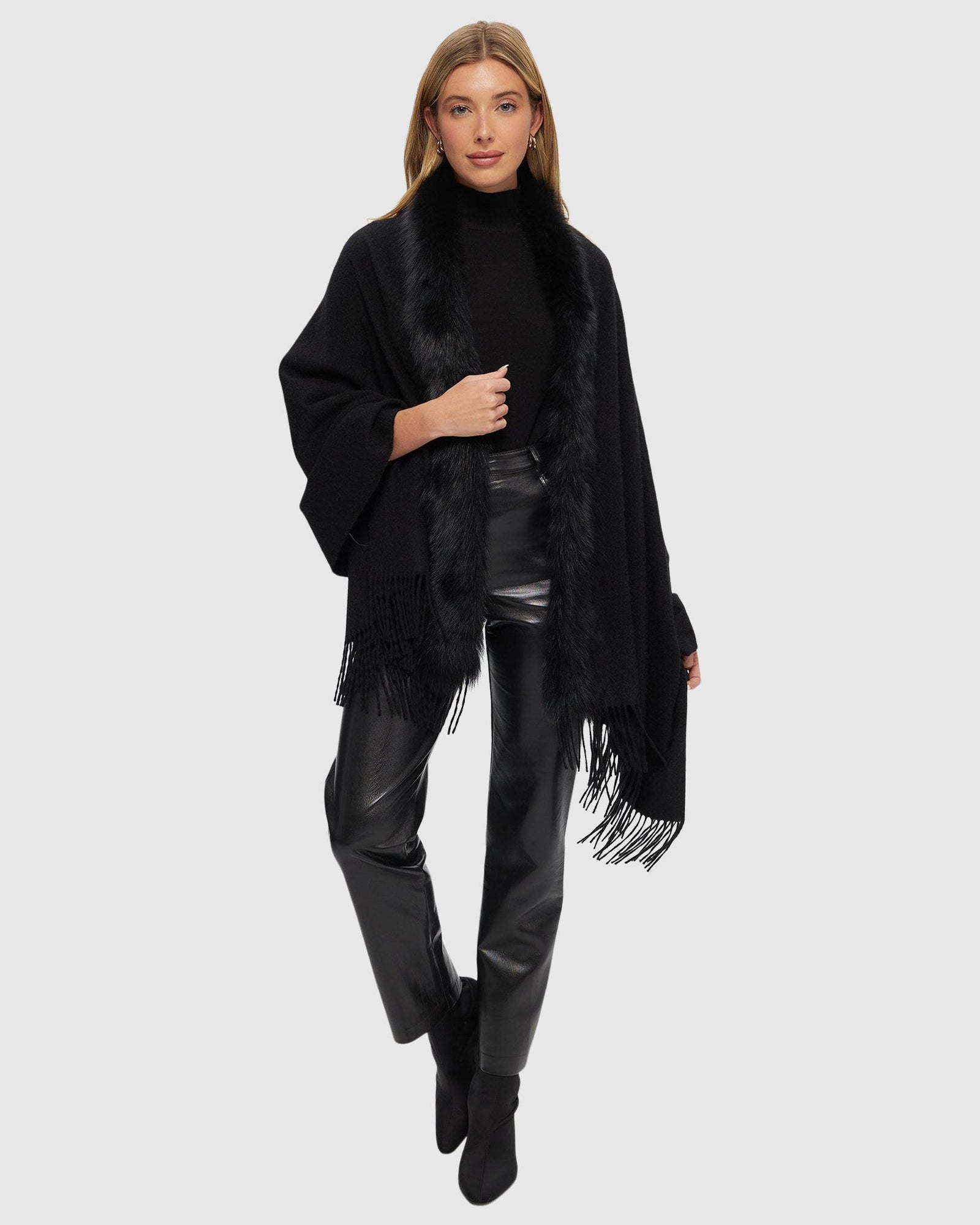 Select Cashmere Stole with Toscana Shearling Lamb Trim | Black