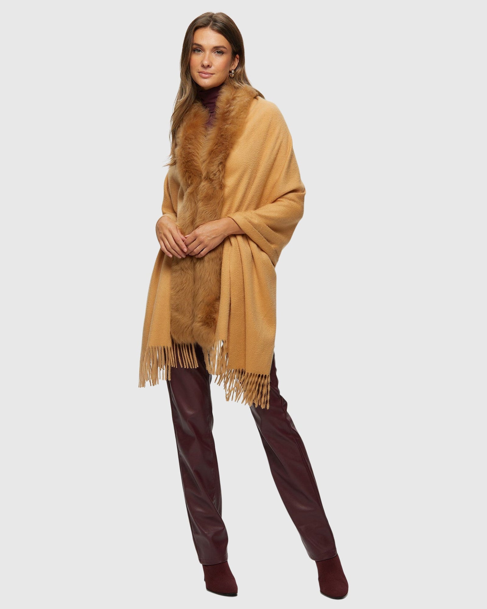 Select Cashmere Stole with Toscana Shearling Lamb Trim | Light Camel