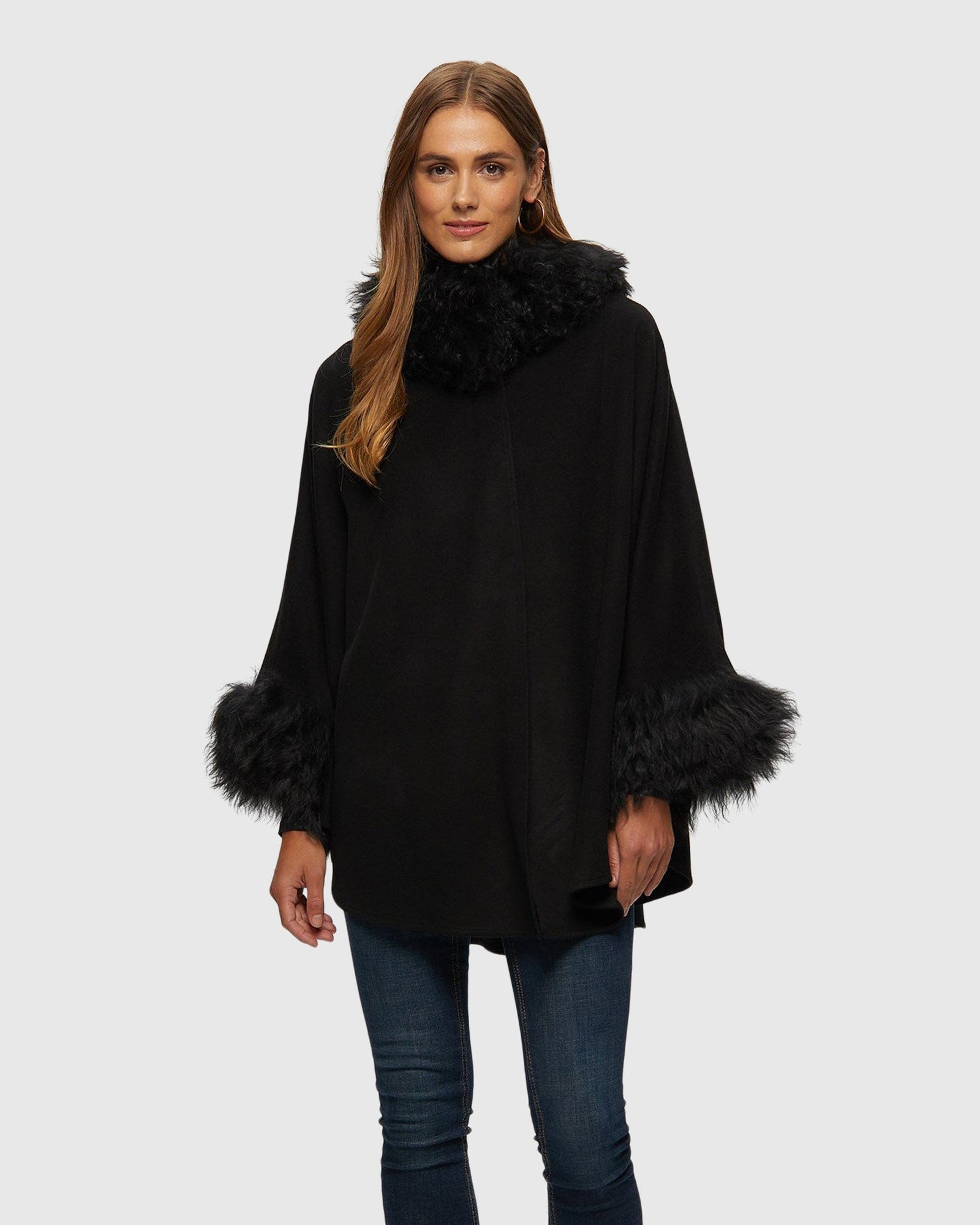 Select Cashmere & Wool Cape With Select Lamb Trim | Black