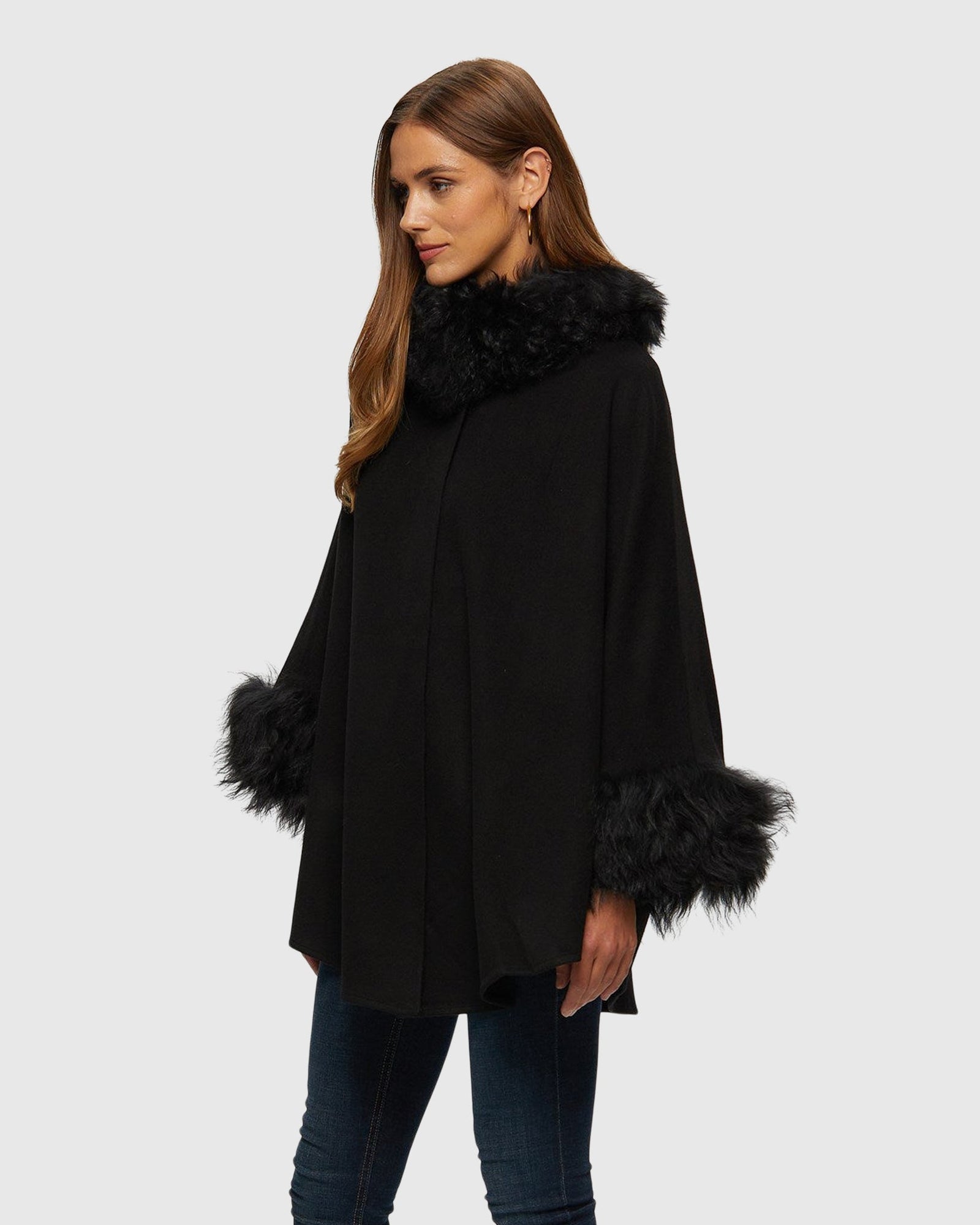 Select Cashmere & Wool Cape With Select Lamb Trim | Black