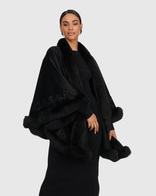 Select Cashmere & Wool Cape with Toscana Shearling Lamb Trim and Ribbon Embroidery | Black