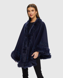 Select Cashmere & Wool Cape with Toscana Shearling Lamb Trim and Ribbon Embroidery | Navy