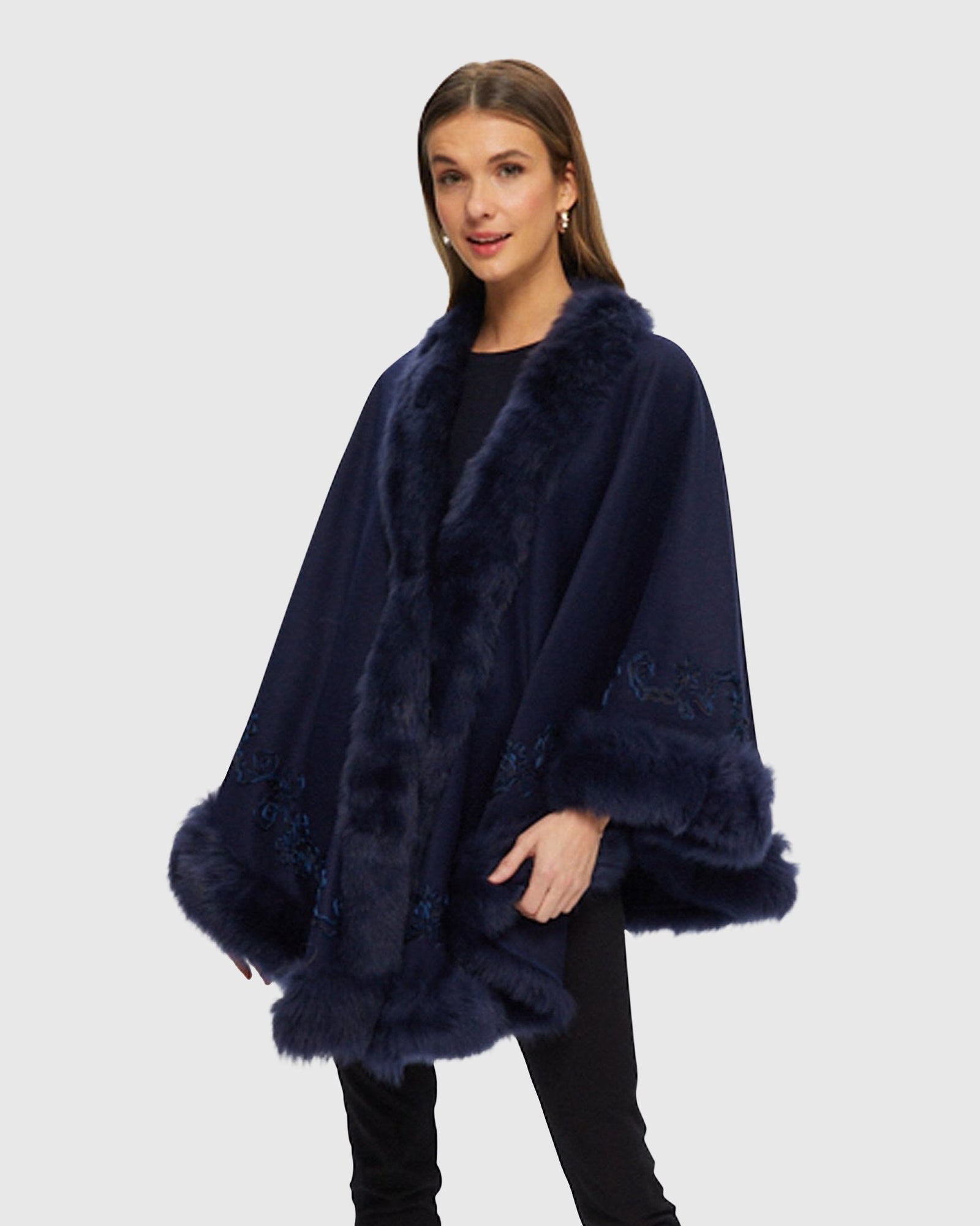 Select Cashmere & Wool Cape with Toscana Shearling Lamb Trim and Ribbon Embroidery | Navy