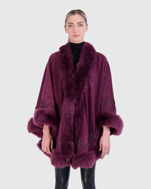 Select Cashmere & Wool Cape with Toscana Shearling Lamb Trim and Ribbon Embroidery | Burgundy