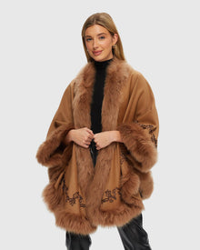 Select Cashmere & Wool Cape with Toscana Shearling Lamb Trim and Ribbon Embroidery | Camel