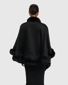 Select Cashmere & Wool Cape with Toscana Shearling Lamb Trim and Ribbon Embroidery | Black