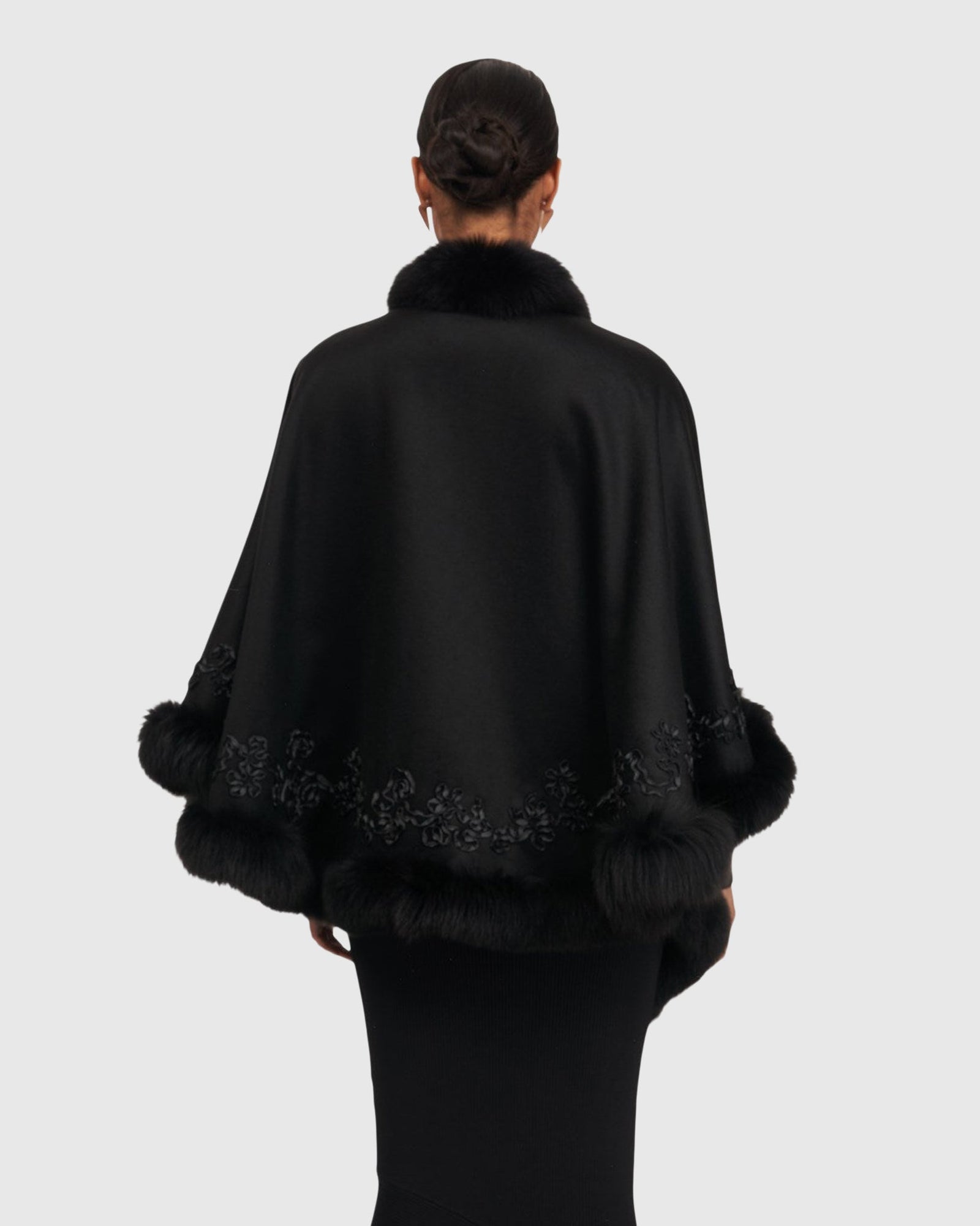 Select Cashmere & Wool Cape with Toscana Shearling Lamb Trim and Ribbon Embroidery | Black