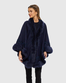 Select Cashmere & Wool Cape with Toscana Shearling Lamb Trim and Ribbon Embroidery | Navy