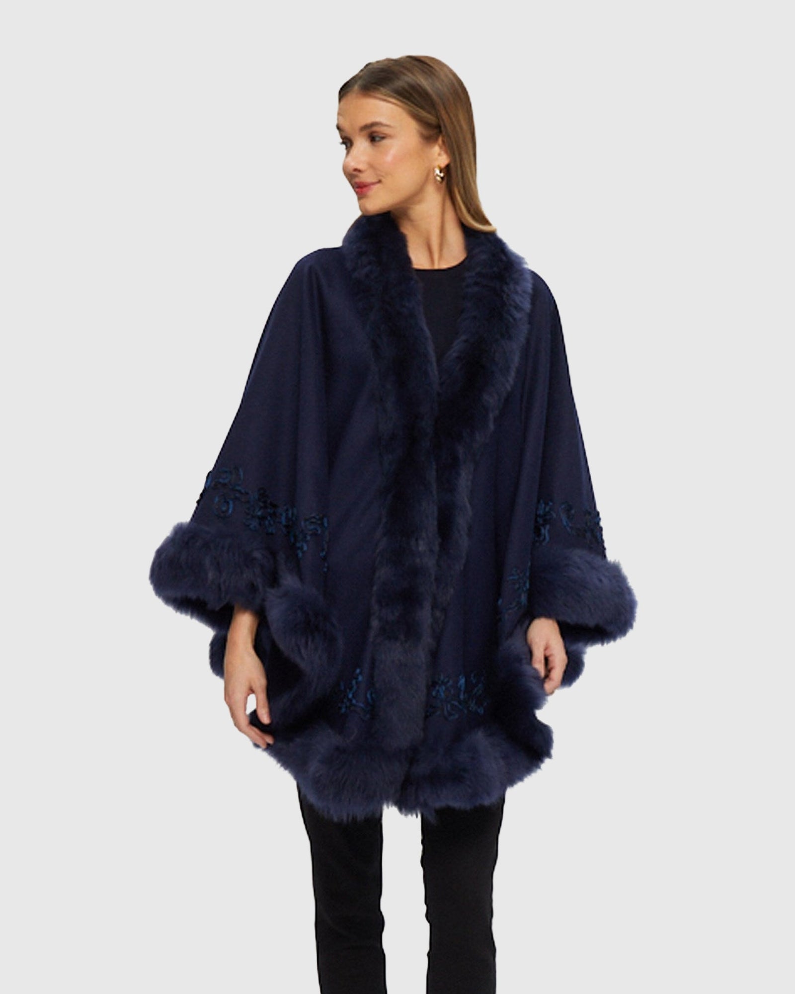 Select Cashmere & Wool Cape with Toscana Shearling Lamb Trim and Ribbon Embroidery | Navy