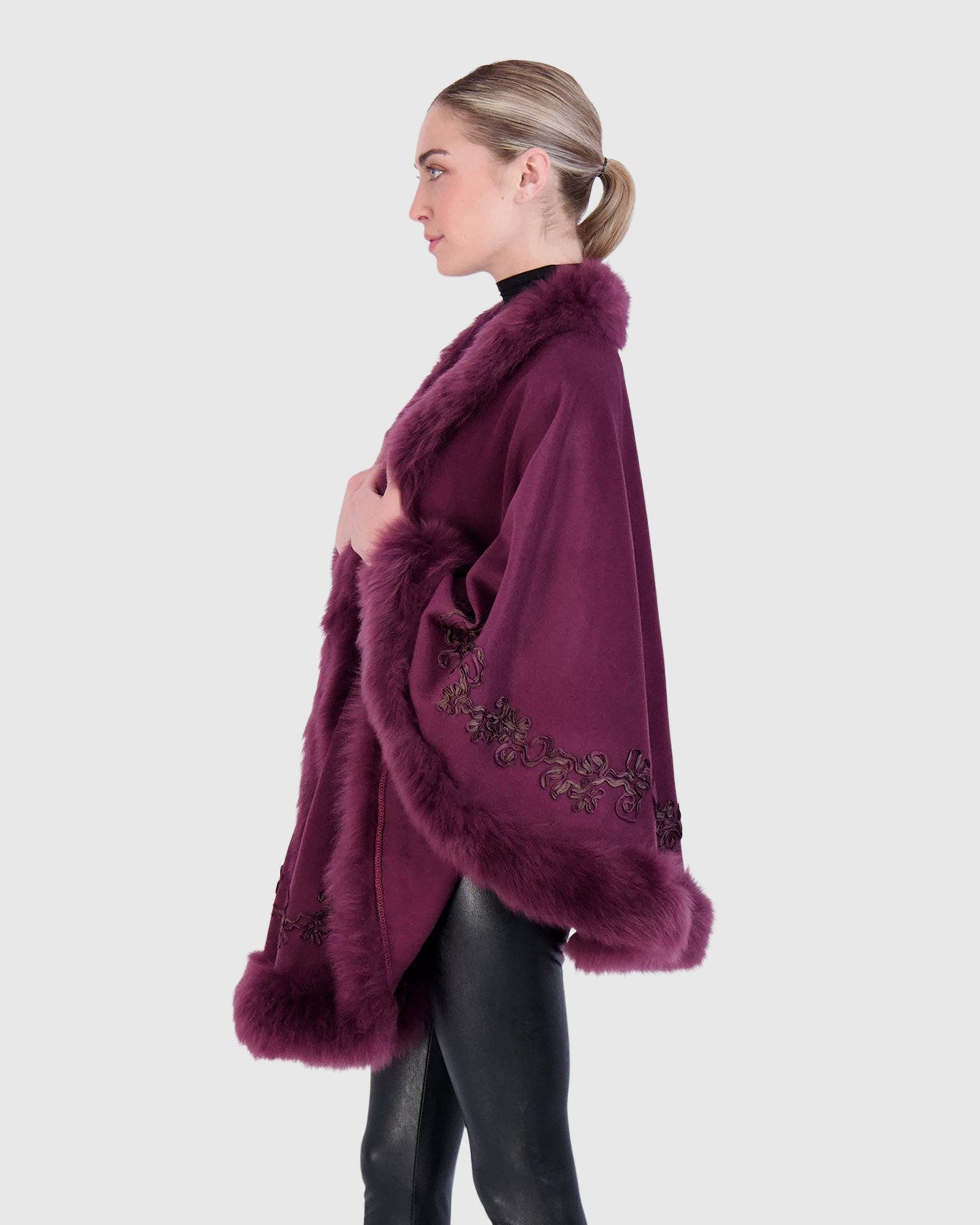 Select Cashmere & Wool Cape with Toscana Shearling Lamb Trim and Ribbon Embroidery | Burgundy