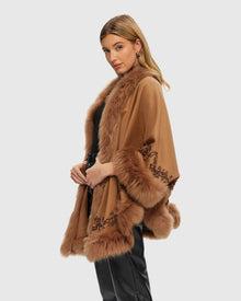 Select Cashmere & Wool Cape with Toscana Shearling Lamb Trim and Ribbon Embroidery | Camel