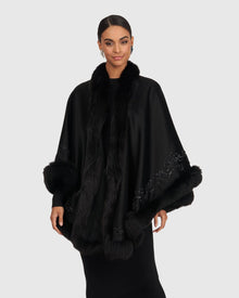Select Cashmere & Wool Cape with Toscana Shearling Lamb Trim and Ribbon Embroidery | Black