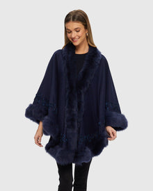 Select Cashmere & Wool Cape with Toscana Shearling Lamb Trim and Ribbon Embroidery | Navy