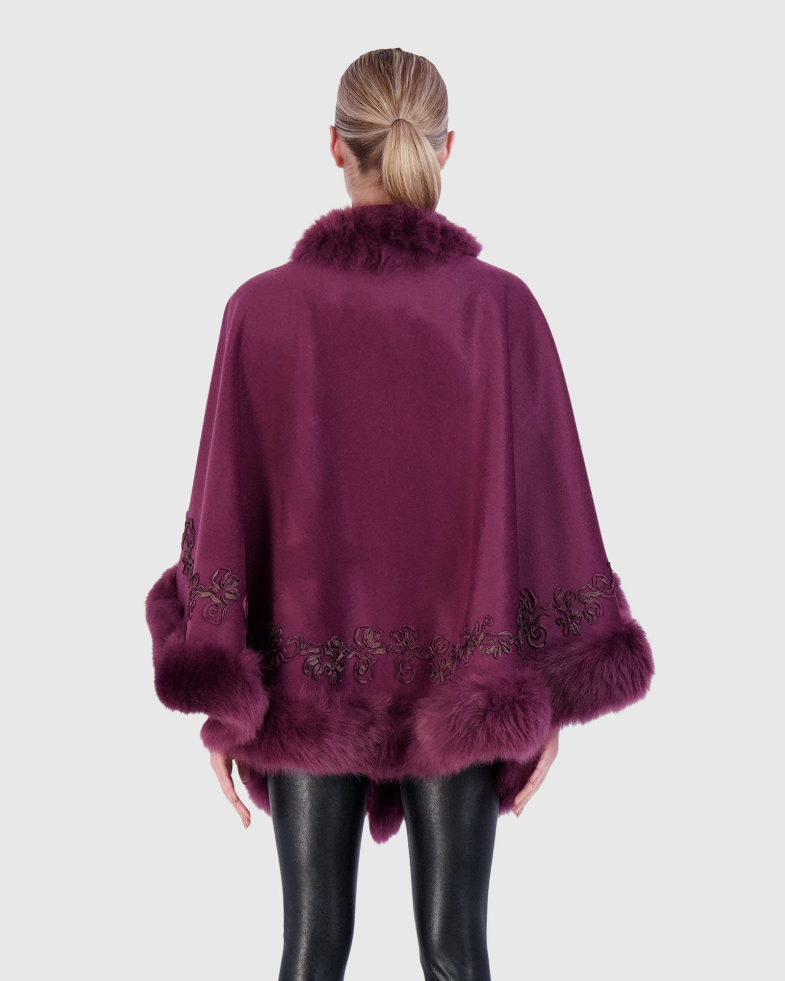 Select Cashmere & Wool Cape with Toscana Shearling Lamb Trim and Ribbon Embroidery | Burgundy