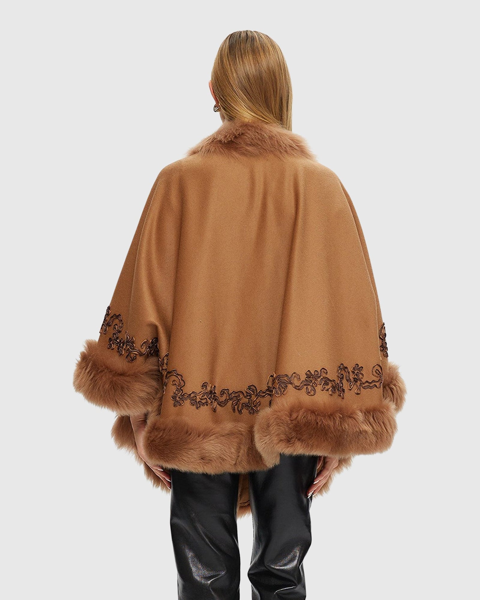 Select Cashmere & Wool Cape with Toscana Shearling Lamb Trim and Ribbon Embroidery | Camel