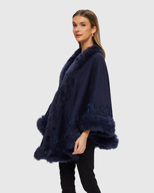 Select Cashmere & Wool Cape with Toscana Shearling Lamb Trim and Ribbon Embroidery | Navy