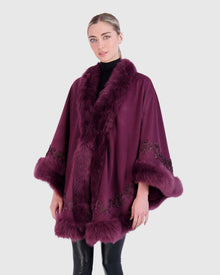 Select Cashmere & Wool Cape with Toscana Shearling Lamb Trim and Ribbon Embroidery | Burgundy