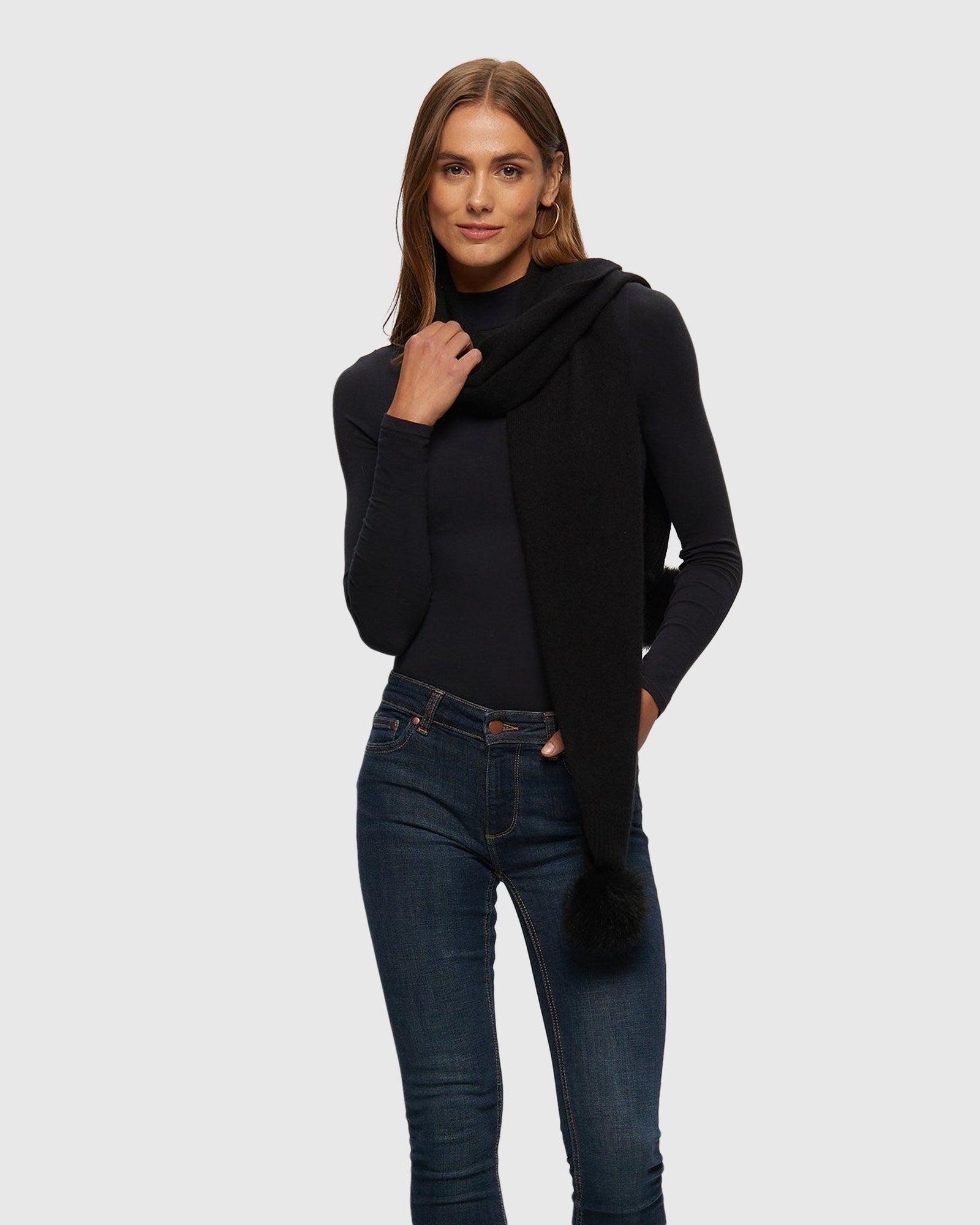 Select Knit Cashmere Scarf with Toscana Shearling Lamb Pompom | Black
